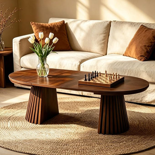 SSLine Extendable Coffee Table, 31.5"-55.1" Round to Oval Walnut Wooden Coffee Table with Fluted Base, 3 Adjustable Lengths, Space Saving Center Tables for Living Room Small Space