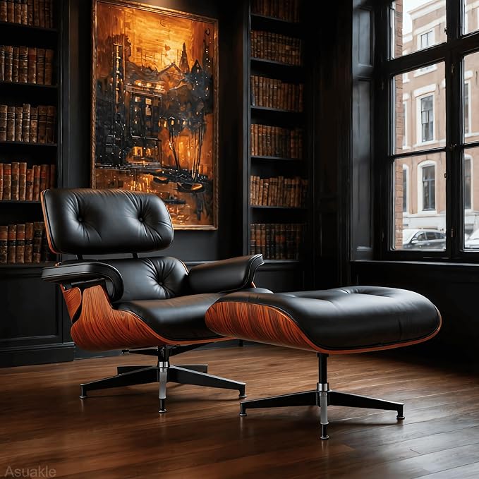 Top Black Grain Leather, Mid Century Chaise Lounge Chair and Ottoman, Modern Chair Classic Design, Heavy Duty Base Support for Living Room Study Lounge Office, Darkrosewood, Heightening