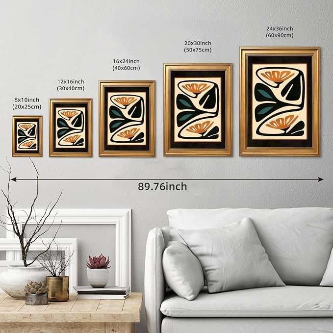 Vintage Gold Framed Abstract Floral Wall Art Mid Century Modern Botanical Poster Darkness Geometric Canvas Painting Print Retro Minimalist Home Decor for Bedroom Office 16x24inch