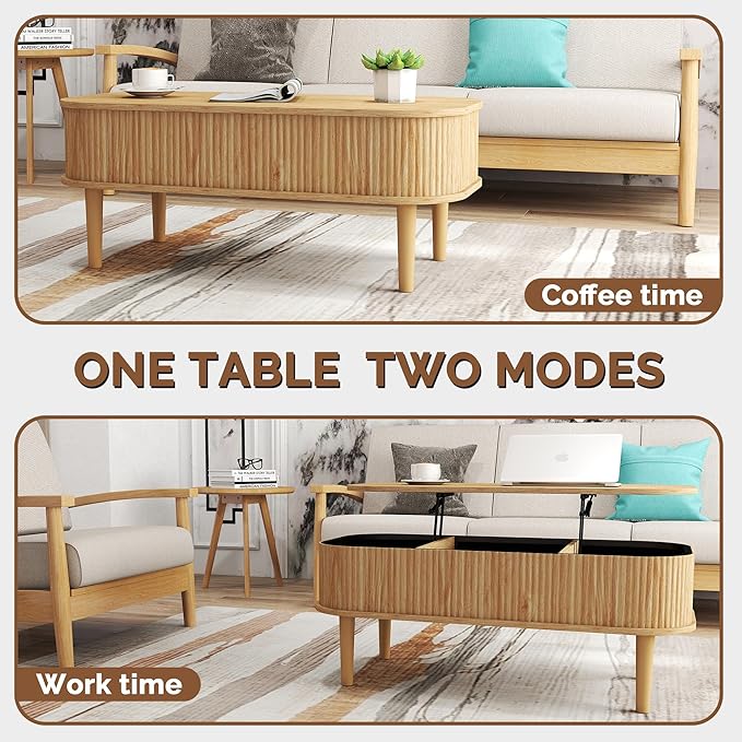 Fluted Lift Top Coffee Table with Hidden Storage, Oval Coffee Table with Lifting Top, Mid Century Modern Design for Living Room, Office & Small Spaces(Natural)