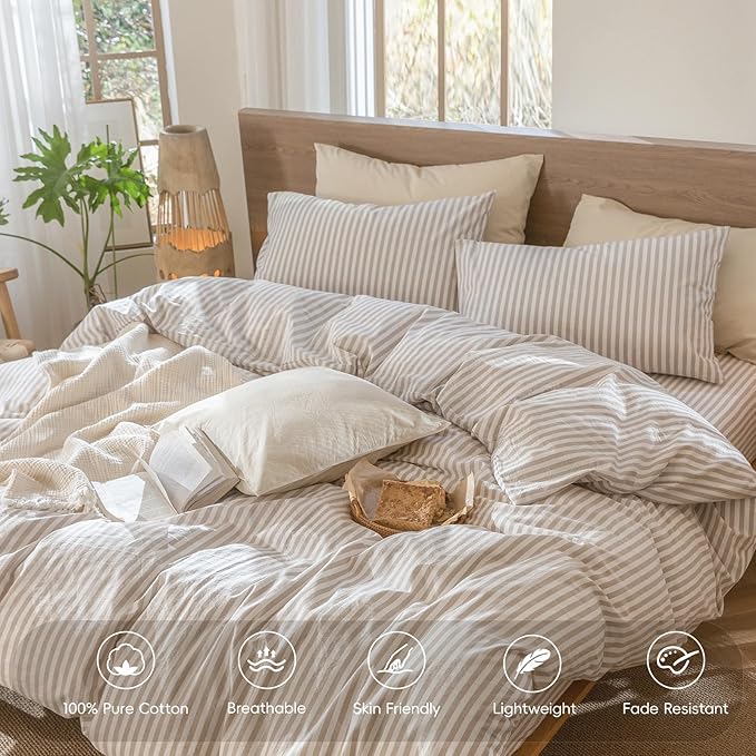 MooMee Striped Duvet Cover Set 100% Washed Cotton Linen Like Textured Breathable Durable Soft Comfy (Tannish Linen Grey White Classic Stripes, Twin 68"x90")