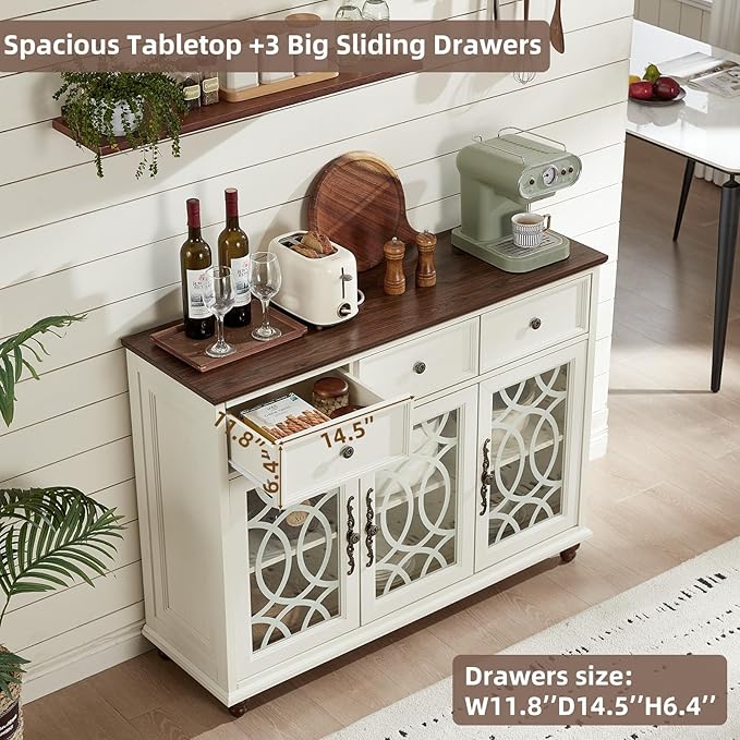 Large Sideboard Buffet Cabinet Set of 2 with Storage,48" Credenza with 3 Glass Doors & 3 Drawers,Adjustable Shelves Coffee Bar,Wood Kitchen Console Table for Dining Room,White