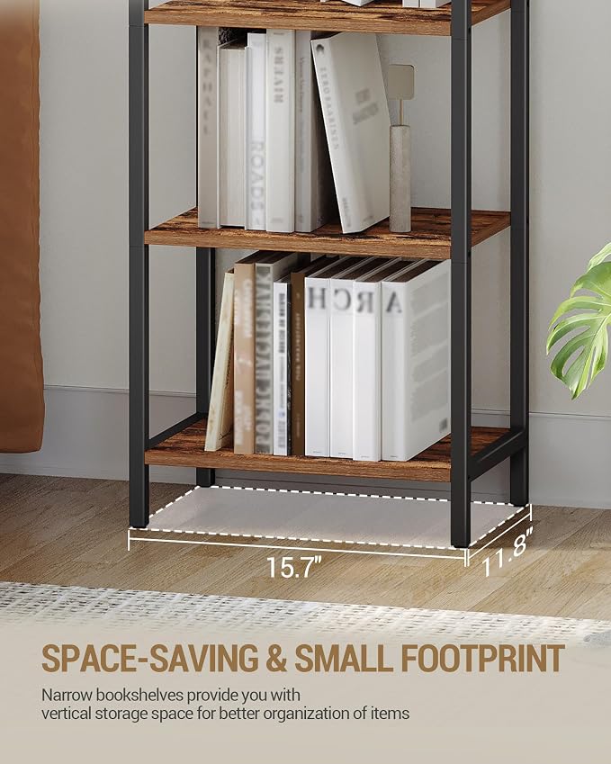 Hzuaneri Bookshelf Narrow Bookcase, Tall Storage Rack with Steel Frame, Display Standing Shelf Unit, Skinny Book Shelf for Study Living Room Home Office, Industrial Style, 6-Tier Rustic Brown BC56401B