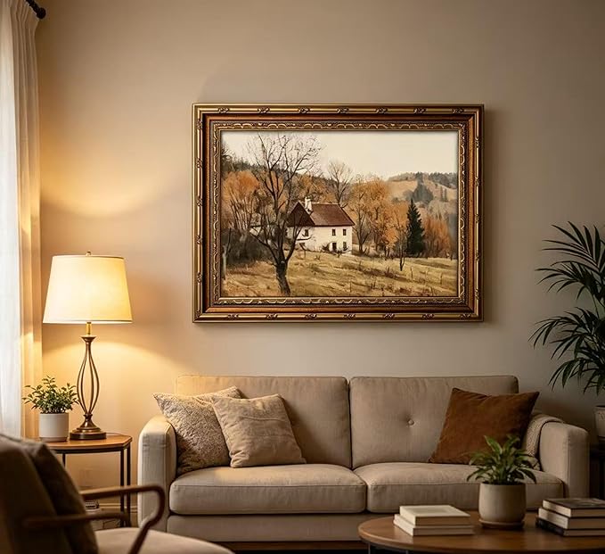 Vintage Gold Framed Autumn Country Cottage Wall Art ，Rustic Farmhouse Landscape Canvas Prints, Retro Fall Cabin Painting for Living Room Bedroom Kitchen Wall Decor，16x24in
