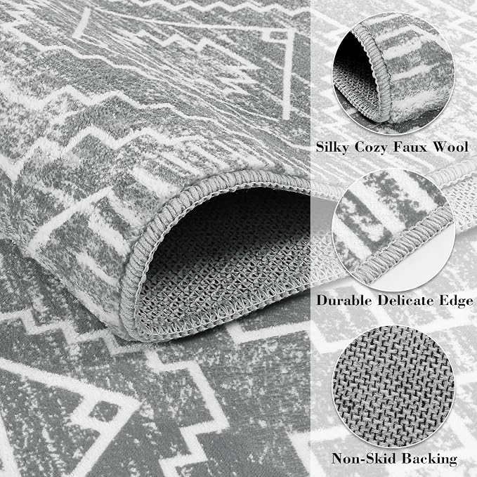 Wonnitar Moroccan Washable Rugs 4x6, Non-Slip Gray Living Room Area Rug, Boho Soft Large Rugs for Bedroom, Geometric Non-Shedding Thin Floor Carpet for Entry Kitchen Mud Room (Silver Grey,4'x6')