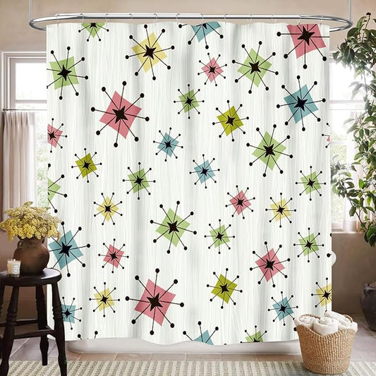 Mid Century Modern Shower Curtain for Bathroom, Retro Abstract Atomic Iconic Pattern Geometric Rustic 1950s 1960s Vintage Waterproof Fabric Shower Curtain Set with Hooks, 72"x84"