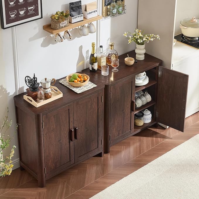 Joaxswe Sideboard Buffet Cabinet with Storage, 31.5" Arc-Shaped Credenza with 2 Doors & Adjustable Shelves, Mid Century Modern Coffee Bar Cabinet for Kitchen, Living Room, Walnut