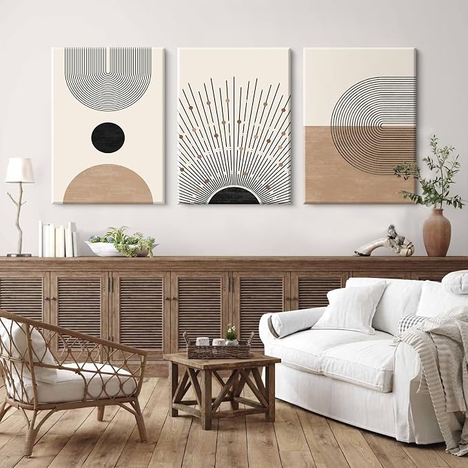 Mid Century Modern Wall Art Set of 3 Neutral Boho Art Prints Abstract Geometric Wall Art Picture Black Beige Terracotta Minimalist Painting Canvas Artwork for Living Room Bedroom 16x24 Inch Wrapped Canvas