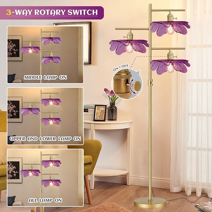 Dimmable tall floor lamp for Living Room 65" mid century modern floor lamp ,3 Lights Gold Standing Lamps vintage floor lamps Purple glass Flower floor light for Bedroom corner Study Office Home