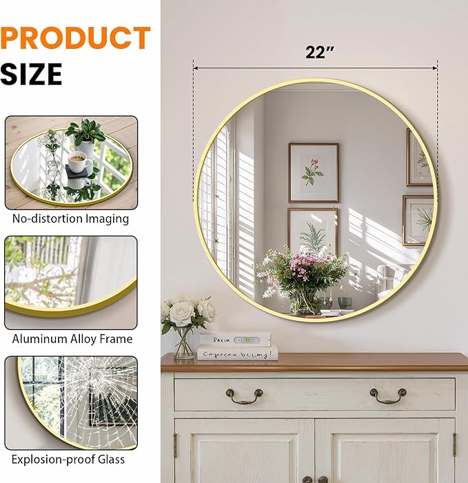 Round Bathroom Mirror for Wall, 22 inch Circle Bathroom Mirrors for Over Sink, Modern Circular Metal Frame for Vanity, Entryway, Bedroom, Living Room(Gold)