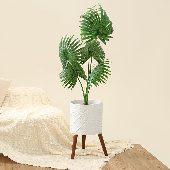 12 Inch Planter with Stand, Planter for Indoor Plants, Modern Large Flower Planter Pot with Drainage Holes for Outdoor,Matte White