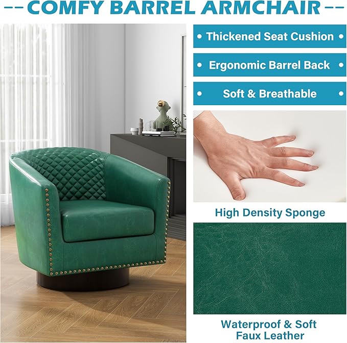 UIXE Swivel Accent Chairs Set of 4, PU Leather Barrel Club Chair for Living Room, Upholstered Round Armchair Comfy Single Sofa Bedroom Reading Seat - Green
