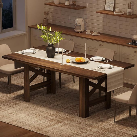 GarveeHome Dining Table for 6-8, 71" Long Large Wooden Farmhouse Kitchen Table with Thick Sturdy Frame, Rectangular Dining Room Dinner Table with Stable Triangular Legs for Kitchen,Office, Retro Brown
