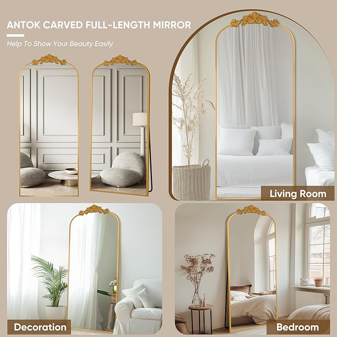 Antok Arched Full Length Mirror, 65"x22" Floor Mirror with Carved, Full Body Mirrors for HomeDecor, Standing/Halling Large Wall Mirror for Bedroom, Living Room, Cloakroom, Gold, Retro Style