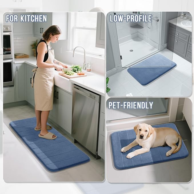 Yimobra Long Bath Mat 44"x24", Super Soft Quick Dry Memory Foam Bathroom Rug, Water Absorbent, Non Slip Backing Machine Washable for Tub Shower, Thick Comfort Support, Denim Blue