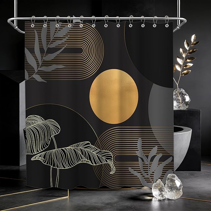 Black and Gold Shower Curtain Dark Mid Century Modern Boho Shower Curtains for Bathroom Decor MCM Masculine Cool Bath Curtain Set, Waterproof Fabric with Hooks 70 x 84 Inch