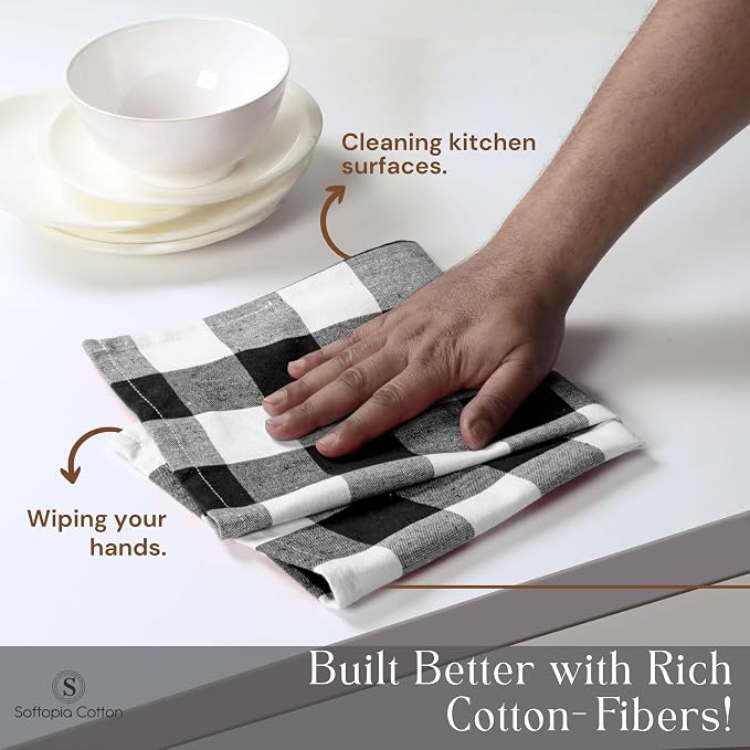 Black Buffalo Check Plaid Kitchen Towels, 12 Pack, 100% Cotton, 16x26 Inches, Super Absorbent, Quick Dry, Soft, Dish Drying & Cleaning Towels with Hanging Loop, Black and White