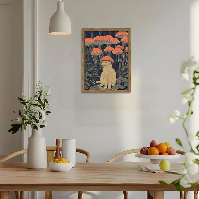 Framed Vintage Cat Wall Art, Whimsical White Cat with Mushroom Hat in Forest Canvas Print, Fantasy Quirky Woodland Animal Painting, Funny Retro Wall Decor for Living Room Bedroom Study 16x24in