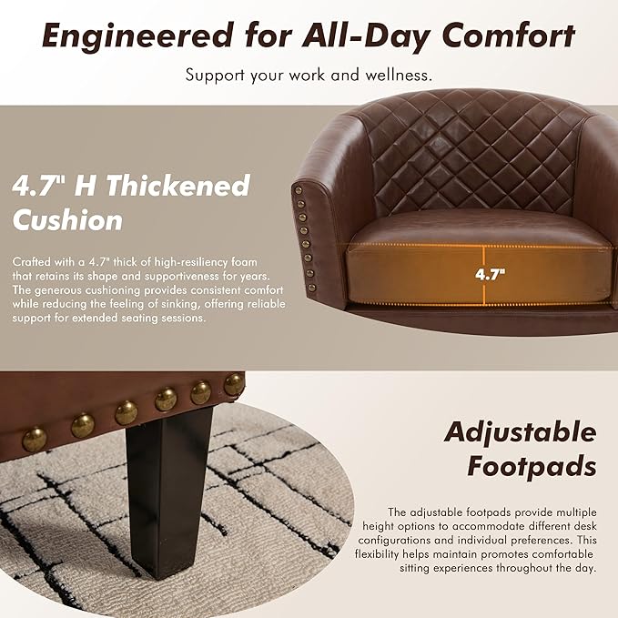 QQU Barrel Accent Chair, Retro PU Leather Club Chair with Nail-Heads, Upholstered Armchair for Living Room, Bedroom, Waiting, Office (Brown)