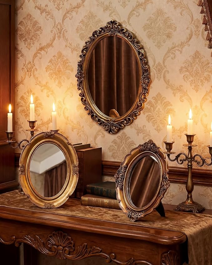 Wonderjune 3 Pcs Vintage Gold Mirror Set for Wall Decorative Resin Frame Ornate Antique Hanging and Tabletop Mirror for Home Dresser Gallery Decor Photography Props Gift (Retro Style)