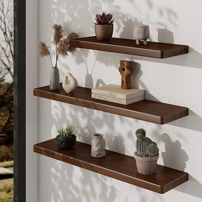 24" Rustic Walnut Wood Floating Shelves, 8 Inch Deep Wall Shelves for Home Decor, Wall Mounted Floating Shelf with Invisible Bracket, Heavy-Duty Storagefor Living Room, Bedroom, Kitchen, Set of 2