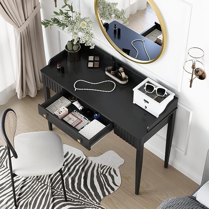 Space-Saving Black Wood Makeup Vanity Desk – Modern Computer Table with Drawers & Gold Handles