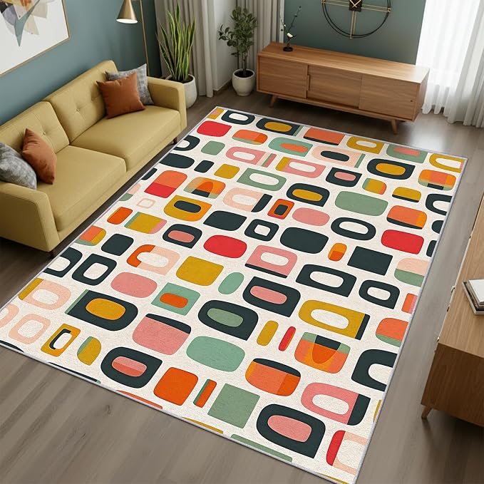 Mid Century Modern Rug 5x8 Retro 70s Boho Plaid Pattern Area Rugs for Living Room, Bedroom, Mid Century Modern Home Decor Accessories Indoor Carpet, Non Slip & Machine Washable, GD0718