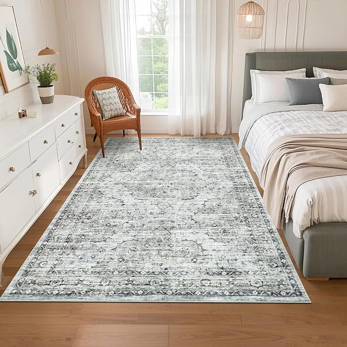 Washable 5x7 Area Rug Boho Vintage Area Rug Soft Living Room Non-Slip Dining Room Floor Carpet Low Pile Non Shedding Boho Accent Rug Oriental Indoor Carpet for Bedroom Home Decor Office, Blue Brown