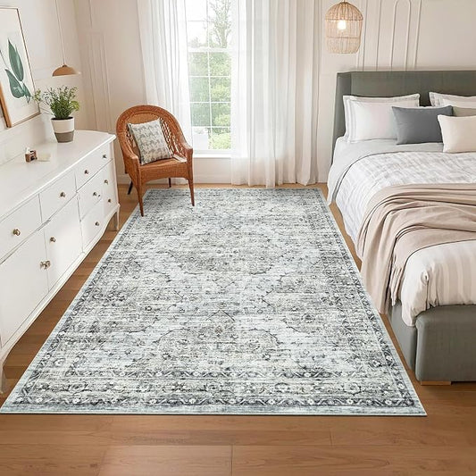 Washable 5x7 Area Rug Boho Vintage Area Rug Soft Living Room Non-Slip Dining Room Floor Carpet Low Pile Non Shedding Boho Accent Rug Oriental Indoor Carpet for Bedroom Home Decor Office, Blue Brown