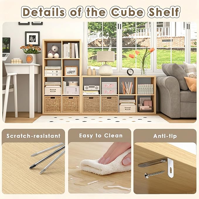 Endearing Limons【2026 Wooden Thick Border 8 Cube Shelf Storage Organizer with Anti-Tipping Kits + Reversible Open Back Bookcase (11 x 11 Unit Cell Oak)