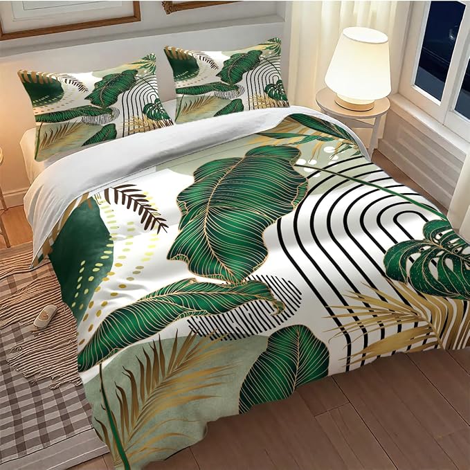 Boho Bedding Set,Modern Abstract Tropical Monstera Palm Leaf Plant Minimalist Spring Summer Bohemian Mid Century Comforter Set with Pillowcase for Bedroom Bed Decor,Queen 90"x90"