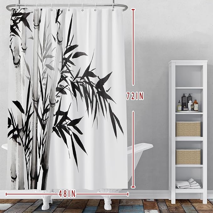 Baocicco Black White Bamboo Shower Curtain Chinese Ink Painting Plant Art Aesthetic Shower Curtains Decorative for Bathroom Waterproof Fabric Shower Curtain with Hooks 48x72 Inches