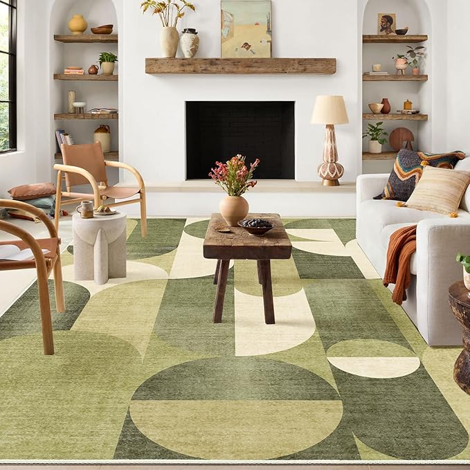 6x9 Area Rugs Green Washable Rug for Living Room Bedroom,Large Modern Geometric Non Slip Carpet for Kitchen Dining Room