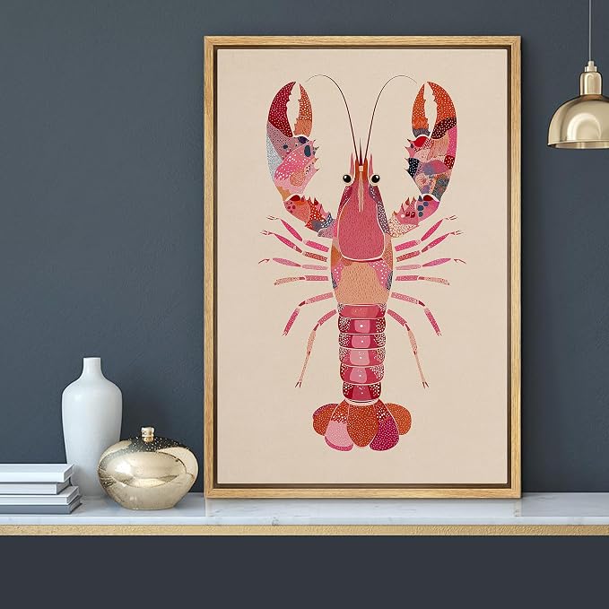 MUDECOR Framed Canvas Print Wall Art Pink Pattern Lobster Coastal Marine Animal Illustrations Minimalism Decorative Bohemian Colorful Zen for Living Room, Bedroom, Office - 16"x24" NATURAL