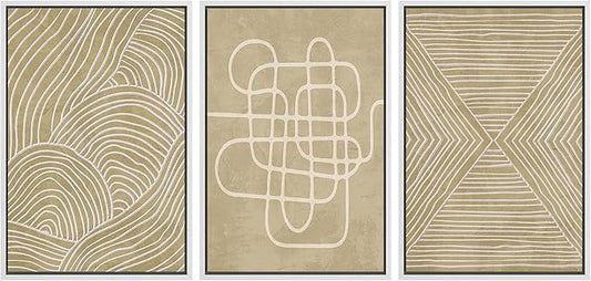 SIGNWIN Framed Canvas Print Wall Art Set Geometric Tan Line Art Collage Graffiti & Street Art Abstract Illustrations Modern Art Decorative Nordic for Living Room, Bedroom, Office - 16"x24"x3 White