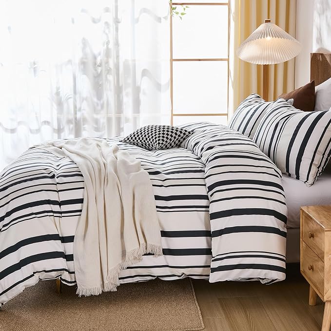 Merryword Black and White Striped Duvet Cover Set Queen Size - 100% Cotton Duvet Cover Set with Vertical Stripe Design, Soft Breathable Comforter Cover for All Seasons