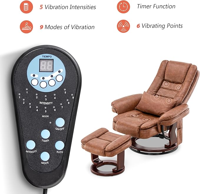 MCombo Swivel Recliner with Ottoman Chair, TV Chair Sets with Vibration Massage, for Small Space Living Room Bedroom 9096 9099 (Faux Leather, Saddle)