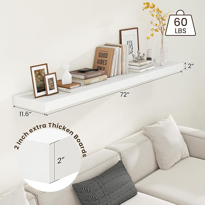 72 Inch White Floating Shelf | 12 Inch Deep Floating Shelves Set of 1 | 72" D x 12" D Rustic Wood Shelves for Wall | Deep White Shelves for Living Room Bathroom Laundry Room Kitchen