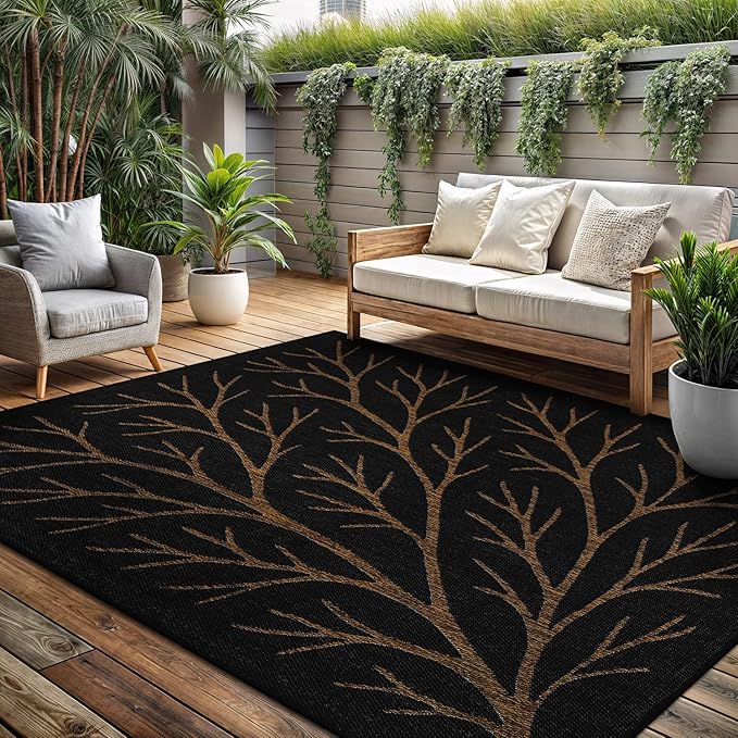 Washable Indoor Outdoor Rug 10x14 Modern Area Rugs Branch Pattern Non Shedding Waterproof Easy Clean Patio Deck Porch Living Room Bedroom Garden RV (10 X 14 Gold)