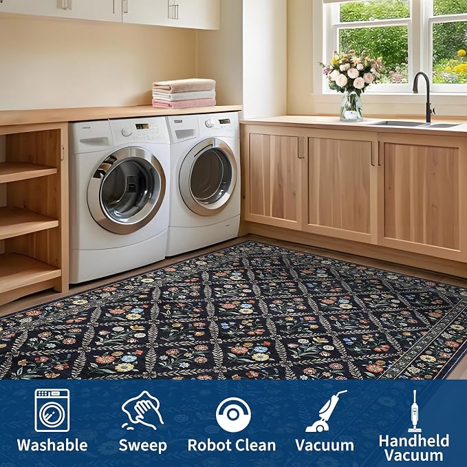 GarveeHome Floral 9x12 Area Rugs for Living Room Bedroom, Soft Washable Rugs 9x12 Stain Resistant, Ultra-Thin Non-Slip Dining Room Rug Non-Shedding Accent Carpet for Office Navy&Black