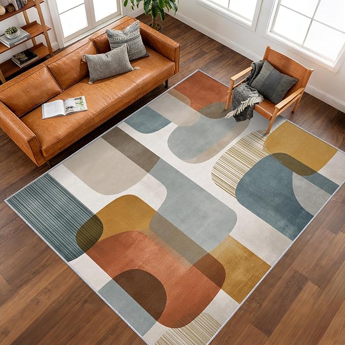 4x4 Mid Century Geometric Rugs for Bedroom Decor, Washable Mid Century Modern Pattern Area Rug, Living Room Home Decoration, Non Slip Soft Thin, Modern Abstract Decor Carpet PF-P 117