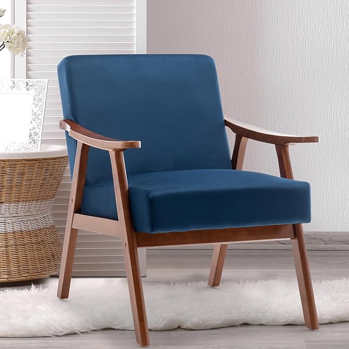 Furnimart Bule Velvet Accent Chair, Mid Century Modern Living Room Chair with Wood Frame, Comfy Armchair Wingback Chair for Office Study Vanity Bedroom Waiting Room