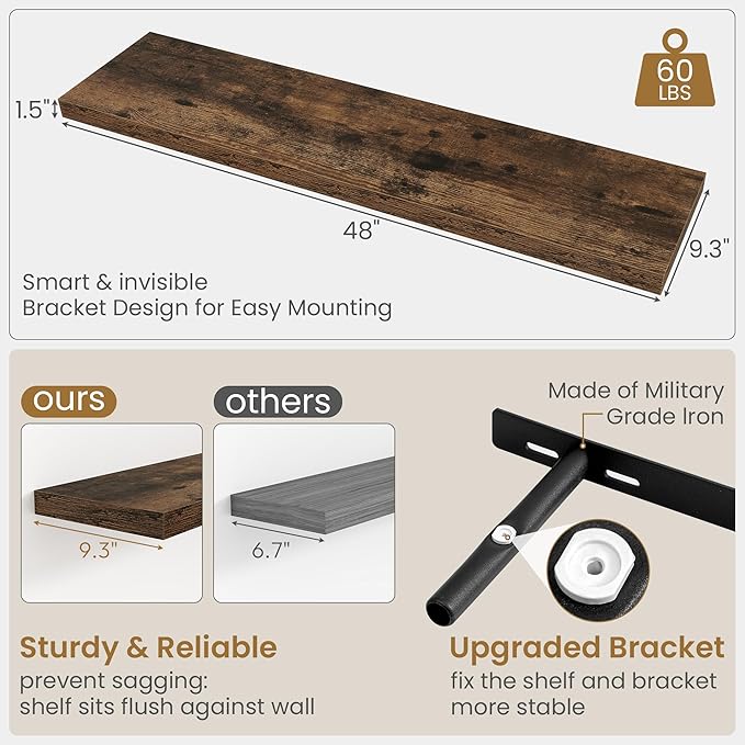 48"W x 9.3"D Floating Shelves for Wall, Wall Mounted Bathroom Shelves 1 Pack Deep Floating Shelf for Bedroom Kitchen Living Room, Rustic Wooden Wall Shelf with Invisible Bracket for Books Decor