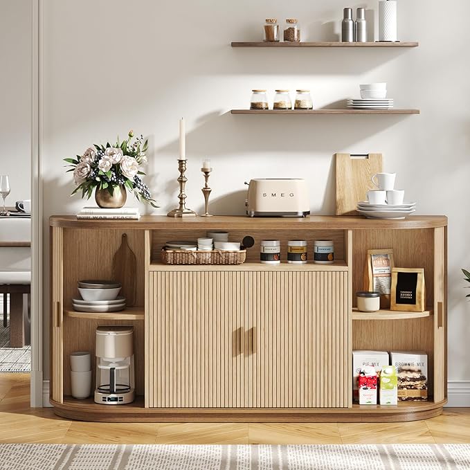 63" Sideboard Buffet Cabinet with Storage, Modern Fluted Accent Credenza with Sliding Doors, Drawers and Adjustable Shelves, Wood Coffee Bar Console Table for Kitchen, Living Room, Enrtyway (Oak)