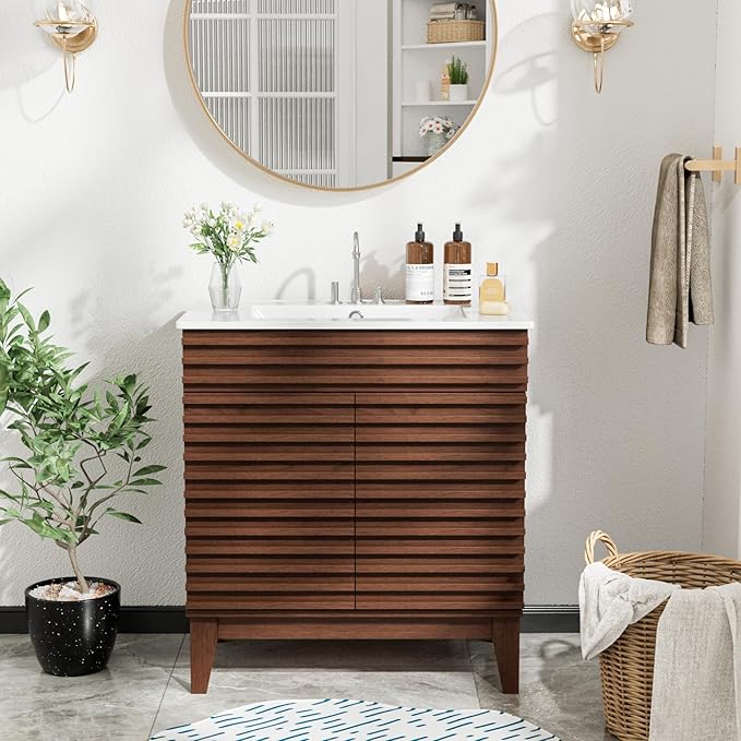 ROOMTEC 30" Bathroom Vanity with Sink, Mid-Century Freestanding Bathroom Vanity Sink with Storage, Undermount Ceramic Sink, Particleboard Frame with Wood Grain Laminate, Walnut