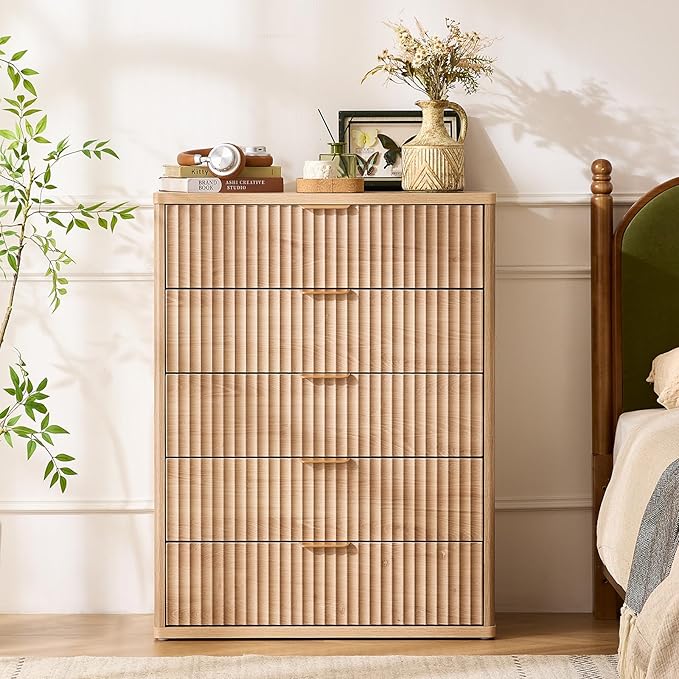 LEYAOYAO Fluted 5 Drawers Dresser Set of 2, 41" Tall Modern Chest of Drawers with Metal Handle, Curved Profile Dresser TV Stand, Wooden Drawer Organizer for Bedroom, Living Room, Hallway, Natural