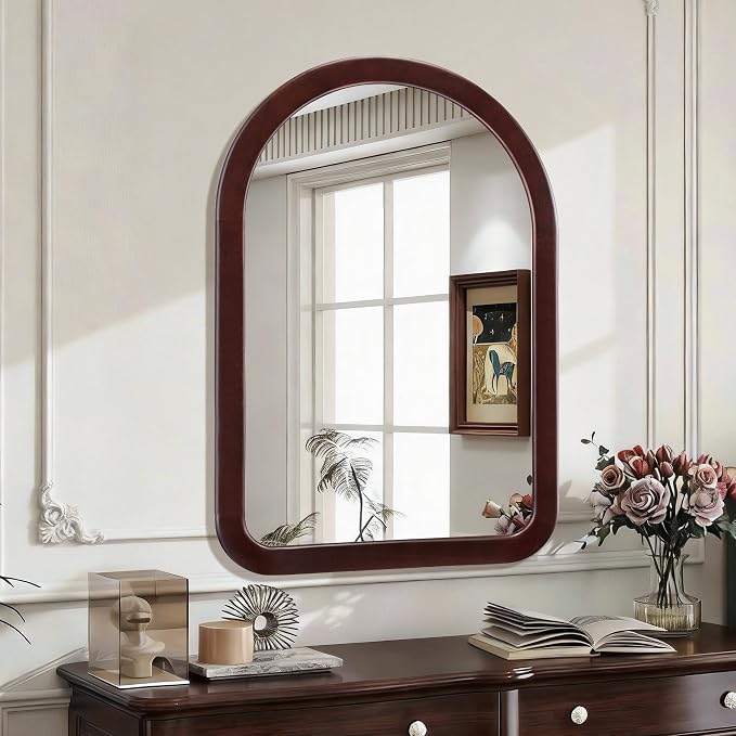 Arched Mirror 24 x 36 Inch,Dark Walnut Brown Wood Rustic Bathroom Tempered Wall Mirror with Wood Frame,Round Corner Arch Farmhouse Wooden Vanity Mirror for Living Room,Entryway or Bedroom