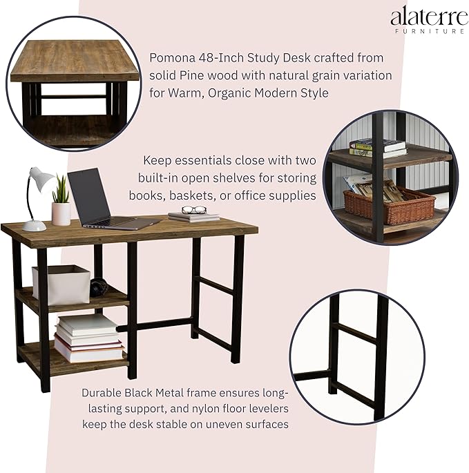 Alaterre Furniture Pomona 48-Inch Industrial Study Desk with Solid Pine Wood Top, 2 Open Shelves, and Metal Frame – Writing Desk with Floor Levelers for Home Office, Bedroom, or Dorm (Natural Finish)