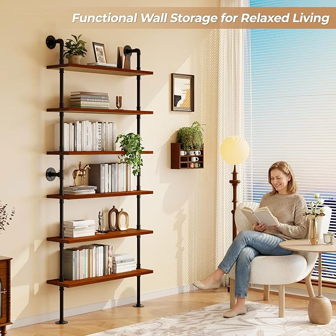 6 Tier Industrial Ladder Shelf Bookcase, Wall Mounted Rustic Bookshelf for Living Room Decor and Storage (Walnut Color, 6 Tier - 10" D x 36" W x 82.5" H)