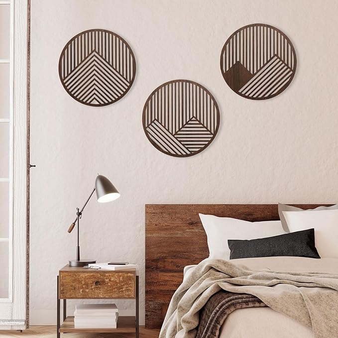 pechpell 3 Piece Round Wood Mountains Wall Art, 11.8" Circle Wooden Geometric Wall Decor, Rustic Nature Mountain Line Artwork for Living Room Bedroom Office Farmhouse Home Decorations